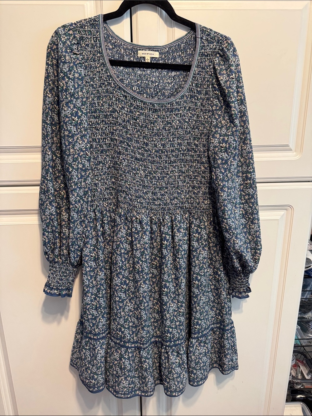 Max Studio Blue Floral Smocked Long-Sleeve Mini Dress